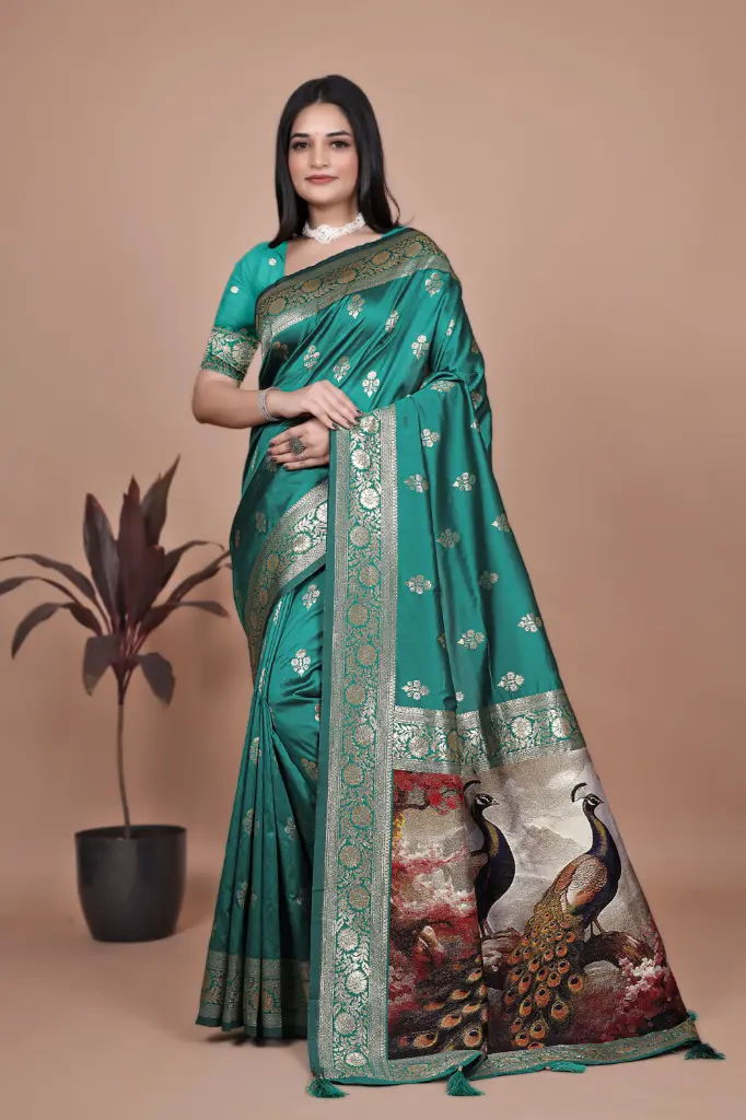 Color: Emerald Green with Multi-tone Artistic Pallu  Fabric: Soft, lustrous Banarasi Silk