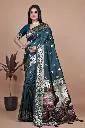 Color: Deep Teal with Multicolor Artistic Pallu  Fabric: Premium Banarasi Silk    Saree Length: 5.5 meters | Blouse Piece: 0.8 m Unstitched