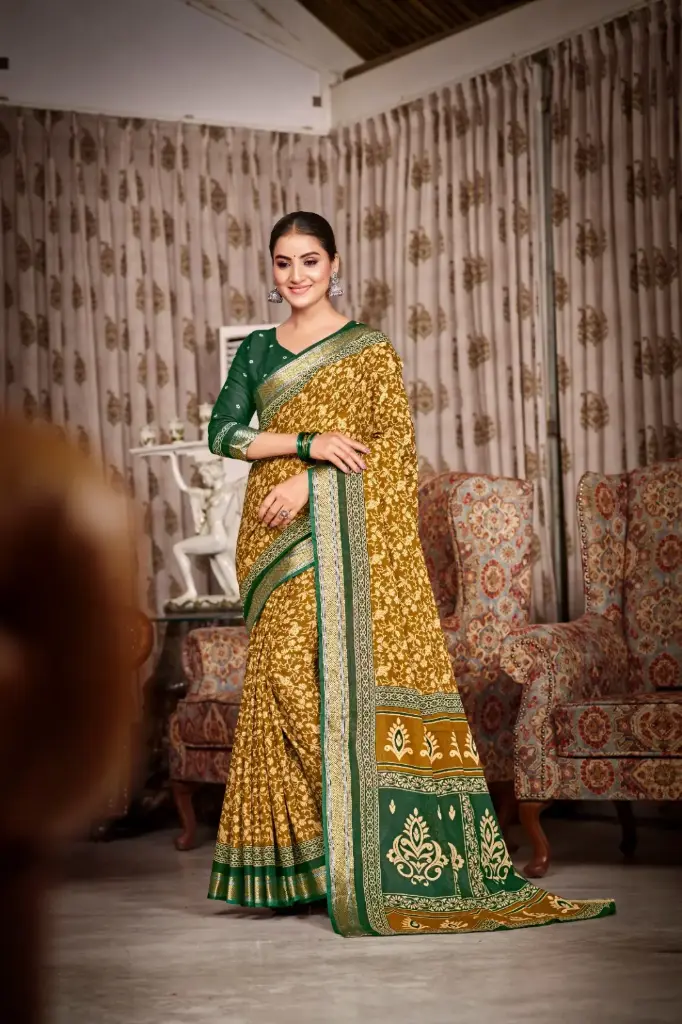Premium Bandhani Printed Saree with Chatai Border 🌸  Royal Print. Everyday Elegance.   Fabric: 100% Pure Cotton