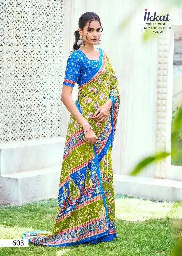 Mul Mul Ikkat Patola Saree🍁 ✨Fabric: Soft & Pure Mul Mul Cotton ✨Design: Traditional Ikkat Patola Print ✨Saree Length: 5.4 meters
