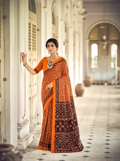Ajrakh Printed Cotton Saree ✨  🌿 Fabric: Premium Pure Cotton  🎨 Design: Traditional Ajrakh Handblock Print   Work: Intricate Natural Dye Printing with Authentic Geometric & Floral Pattern